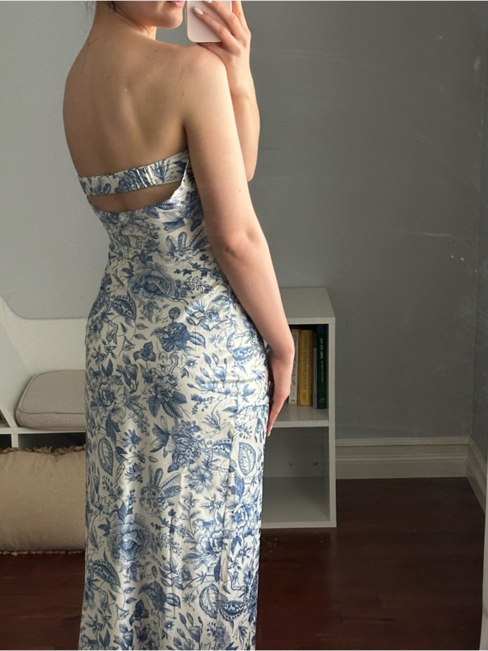Peppermayo Cream Strapless Dress with Blue Floral Print - Picture 4 of 10